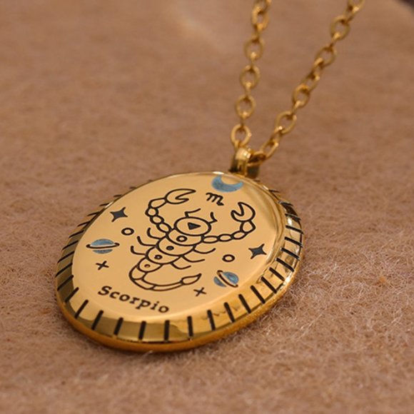 SCORPIO--NEW 18K Gold Plated SCORPIO Sign Zodiac Oval Pendant Necklace - Picture 1 of 5
